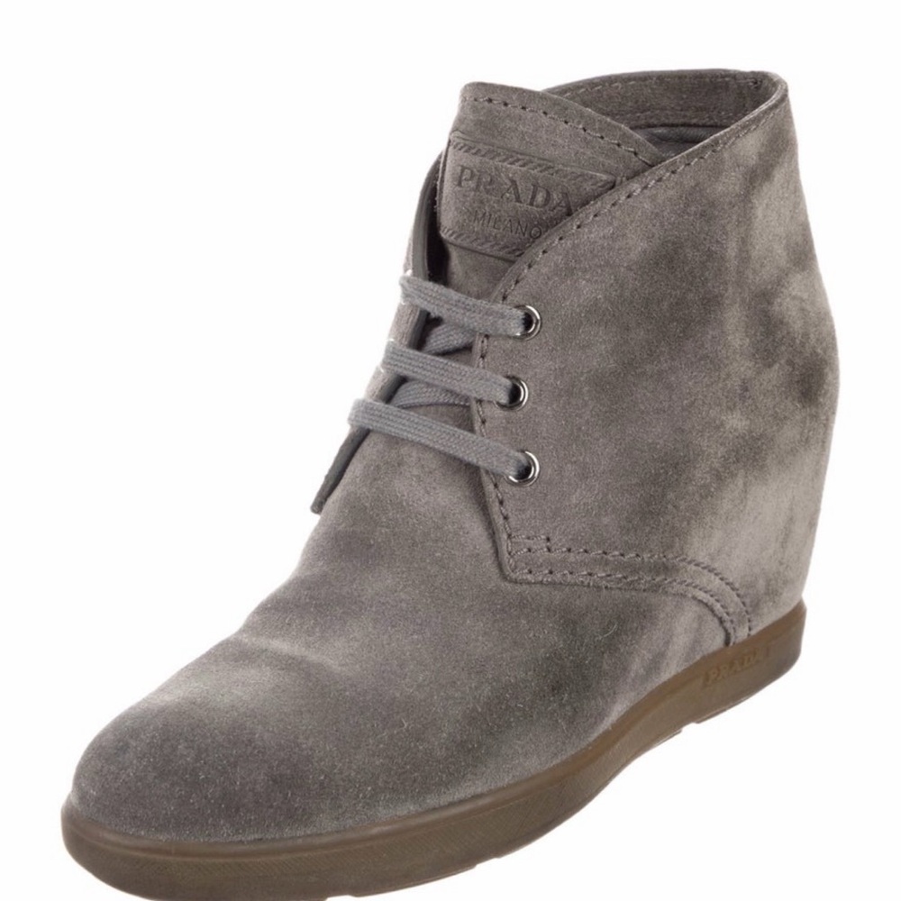 Prada Gray Suede Hidden Wedge Lace-Up Ankle Boots